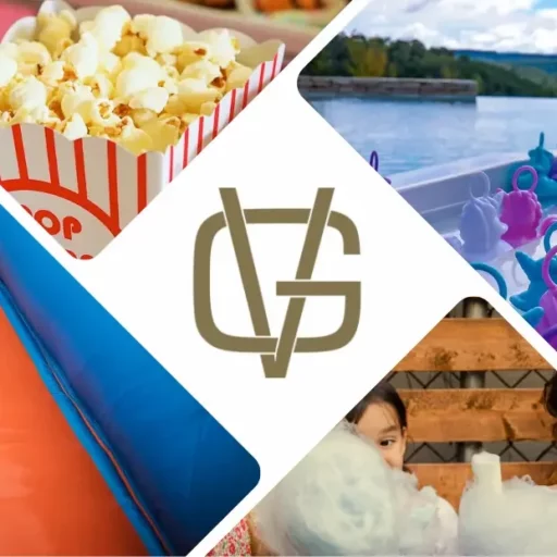 Bannière GV Event avec château gonflable pêche aux canards et pop corn